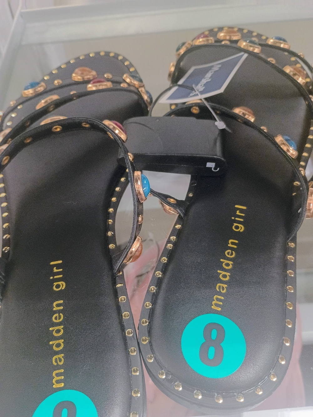 Madden Girl Black Studded Slide Sandals with Multicolor Gem Accents